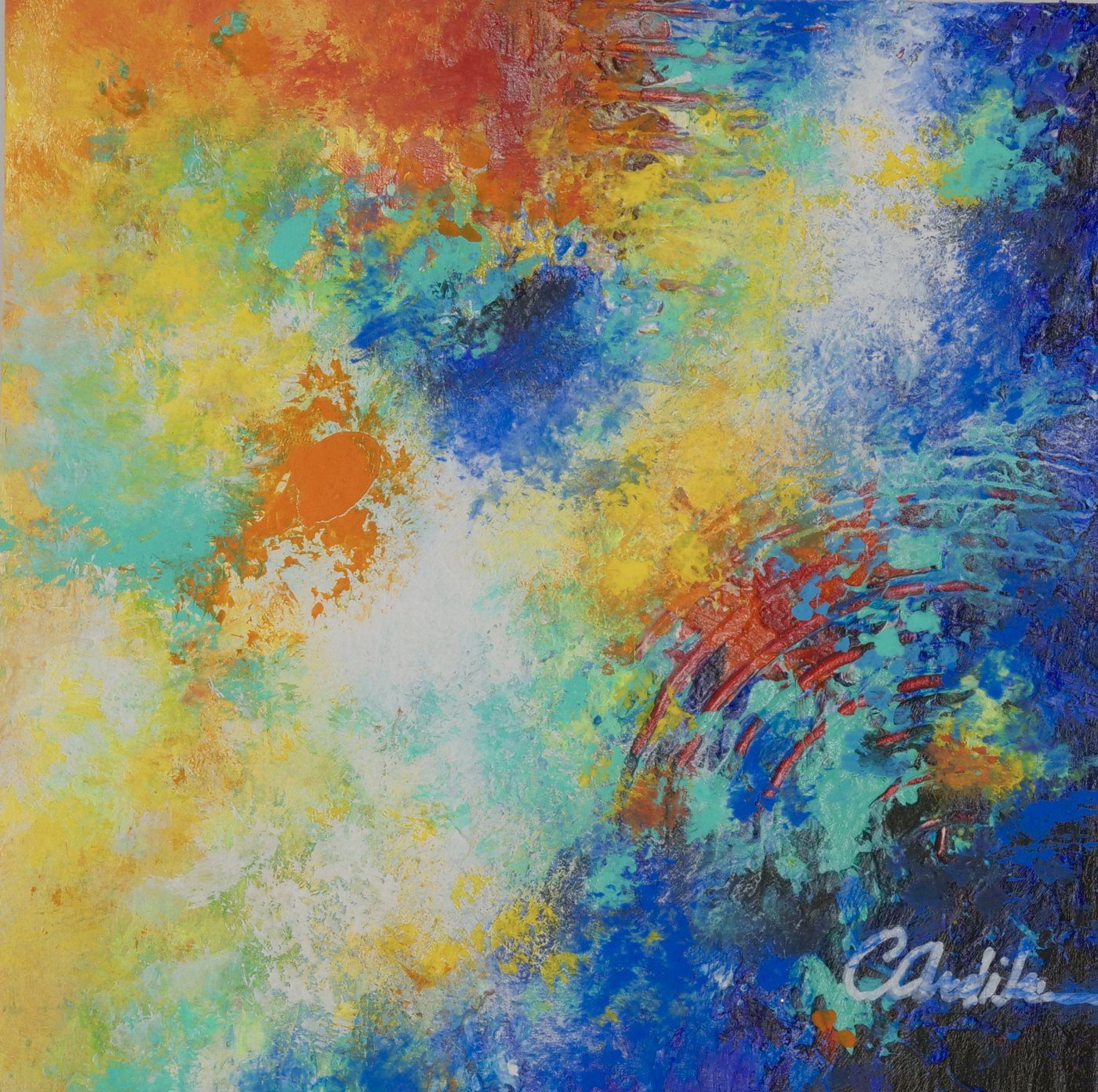 Abstract acrylic painting in yellows and sea blues by Consuelo Ardila