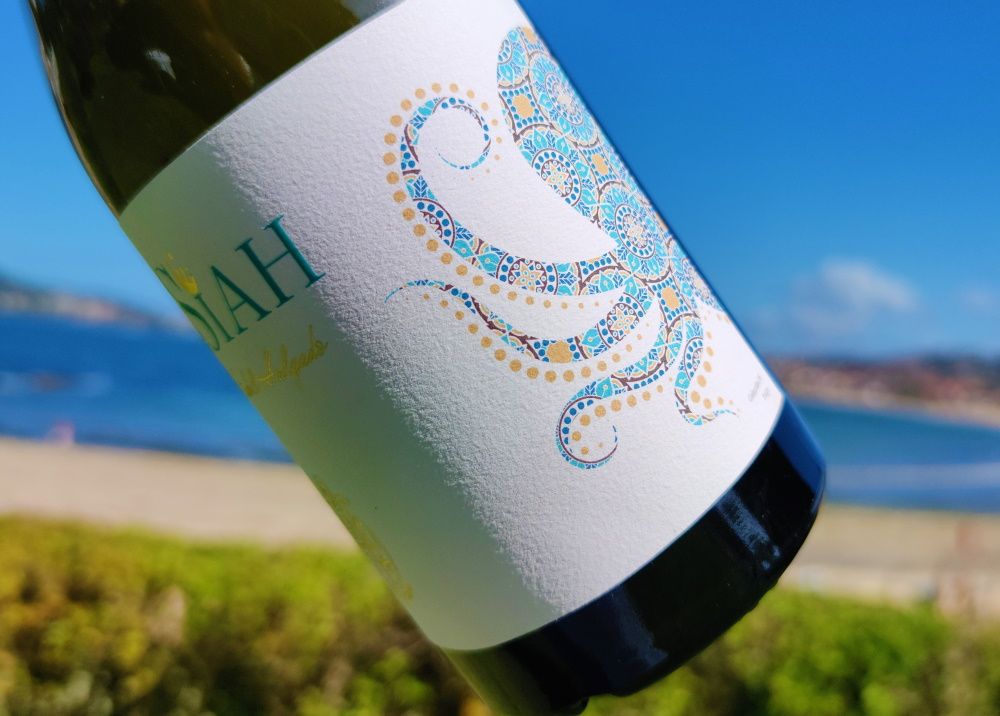 A Siah bottle with its octopus label, against the Galician coast