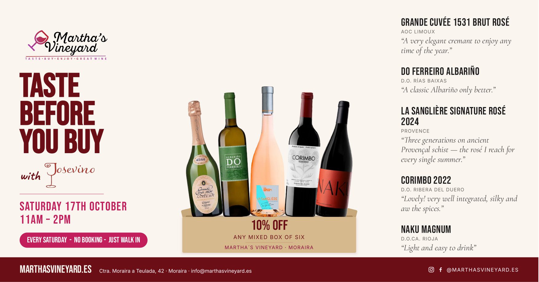 Taste Before You Buy at Martha’s Vineyard, Moraira — Saturday 17 October, wines open on the tasting bar from 11 until 2