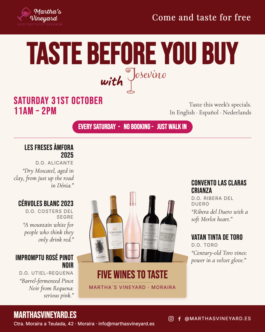 Taste Before You Buy at Martha’s Vineyard, Moraira — Saturday 31 October, five wines open on the tasting bar from 11am to 2pm